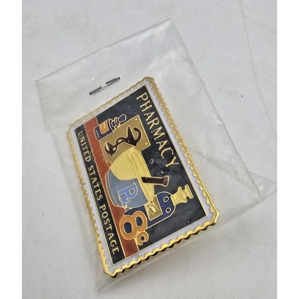 Allen & Hanburys Pharmacy United States Postage Stamp Enamel Lapel Pin Vintage